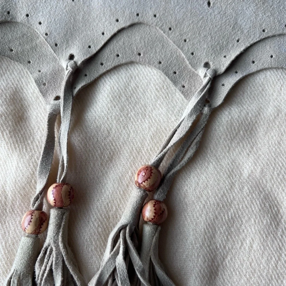 Angelica Accessories Cream and Tan Scarf with Tassels 13”W x 78”L - Picture 3 of 5